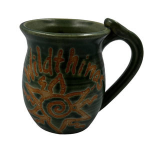 Vintage Handmade Etched Wild Things Blazing Sun Green Signed Glazed Ceramic Mug